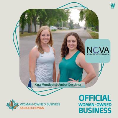 2 women standing on road wearing blue tank top and white tank top with blue words stating official women-owned business